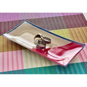 J. Crew Printed Glass Catchall Tray with a red and beige geometric (geo) design